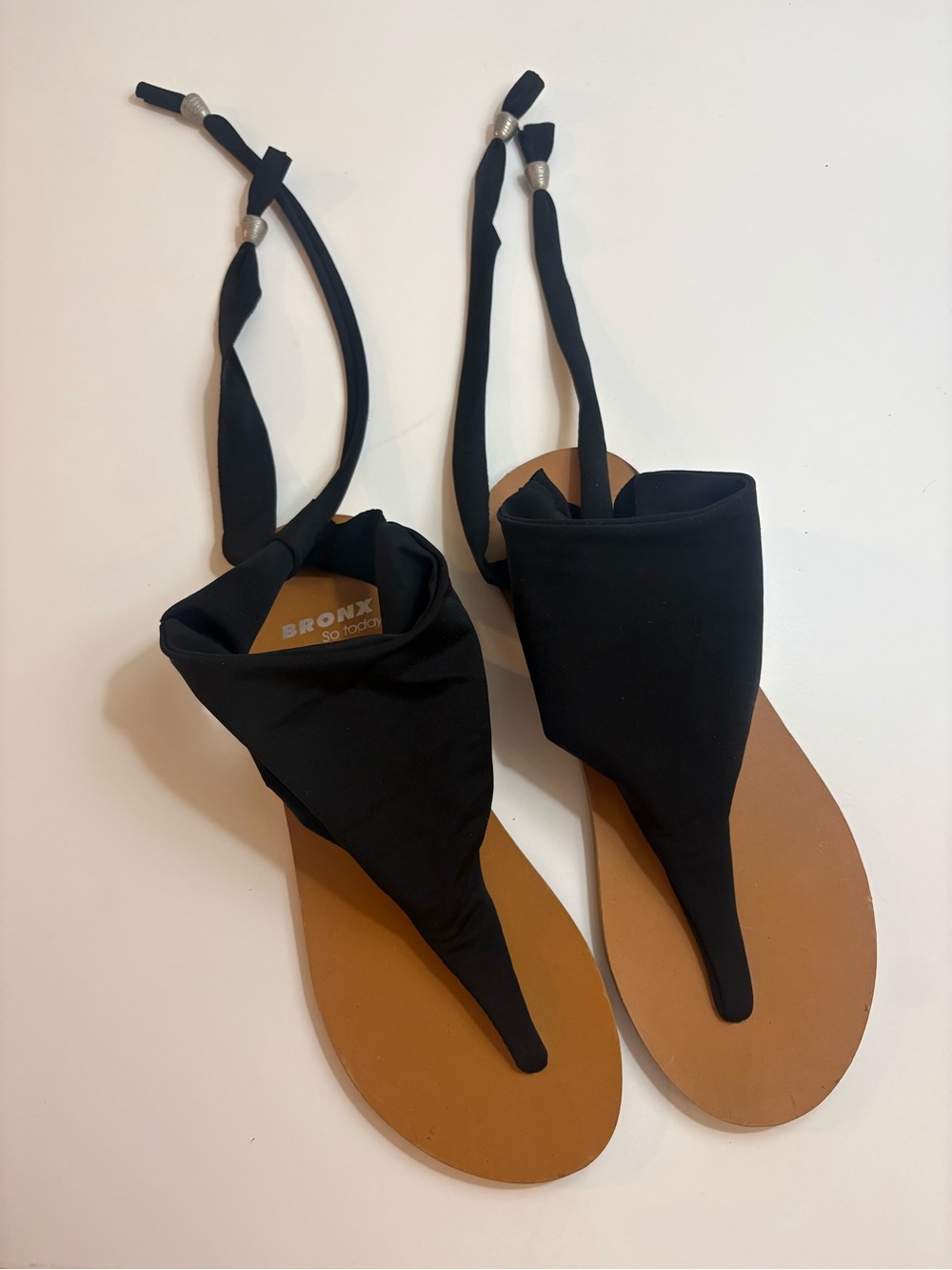 Bronx•So Today Black Slinky Tie-Up Thong Sandals Silver Hardware Boho Minimalist